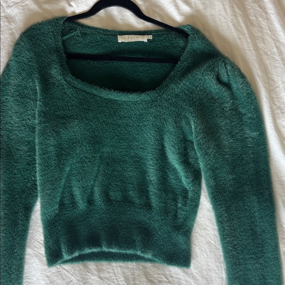 Astr Teal Fuzzy Scoop Neck Sweater